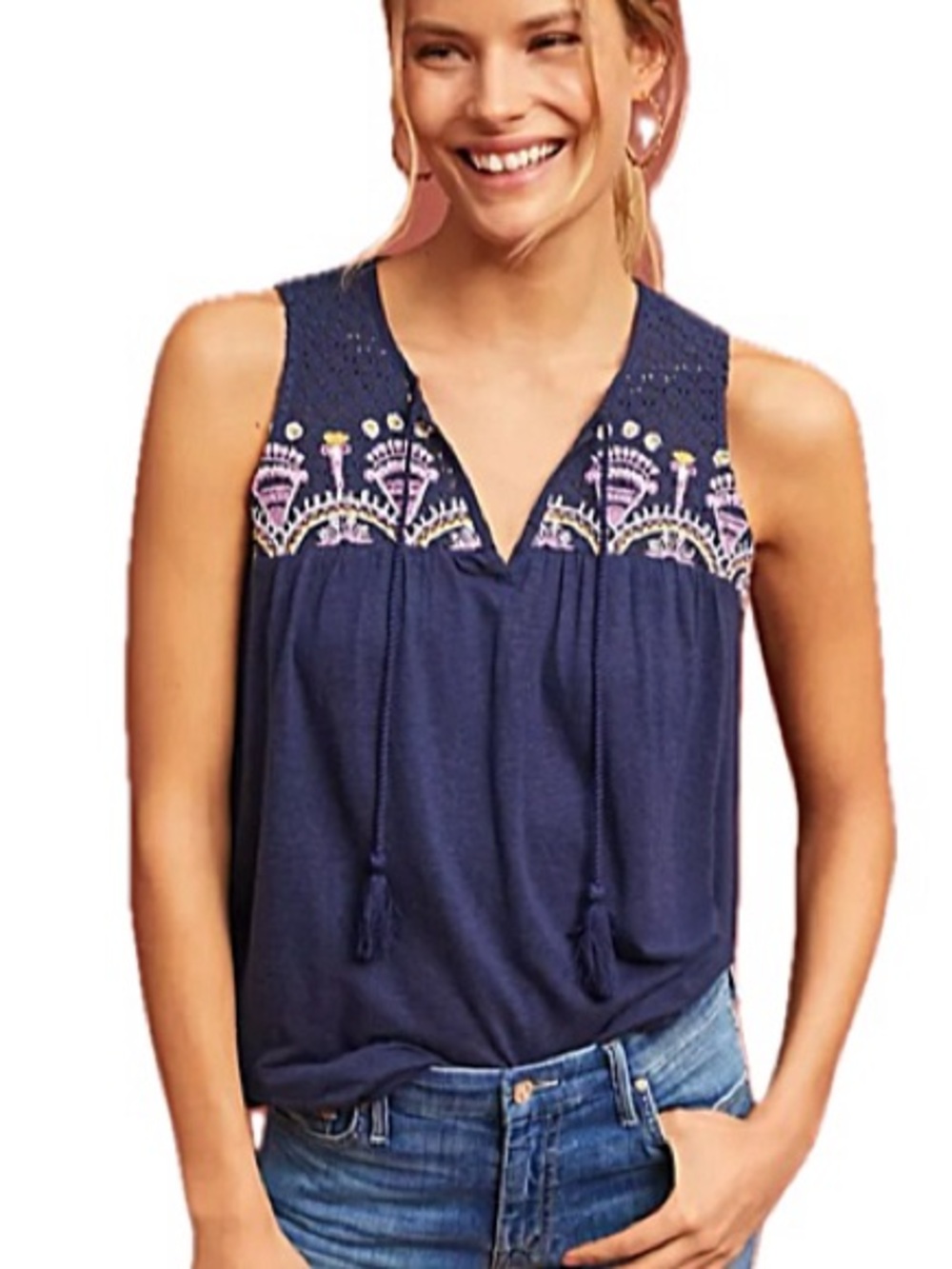 Anthropologie Akemi + Kin Crochet Williston Embroidered Tank Womens Size M Navy - Picture 14 of 14